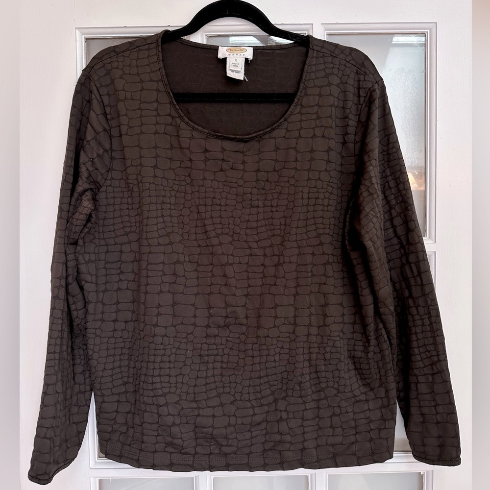 Talbots Chocolate Long Sleeve Textured Alligator Print Stretchy Top Plus Size 0X